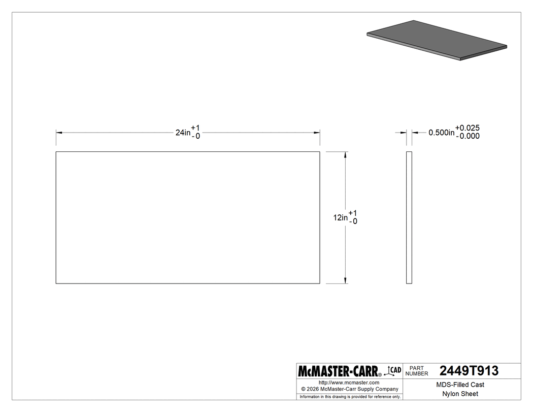 Technical Drawing of MDS-Filled Cast Nylon Sheet, Easy-to-Machine, Wear-Resistant, 1/2" Thick, 24" x 12".